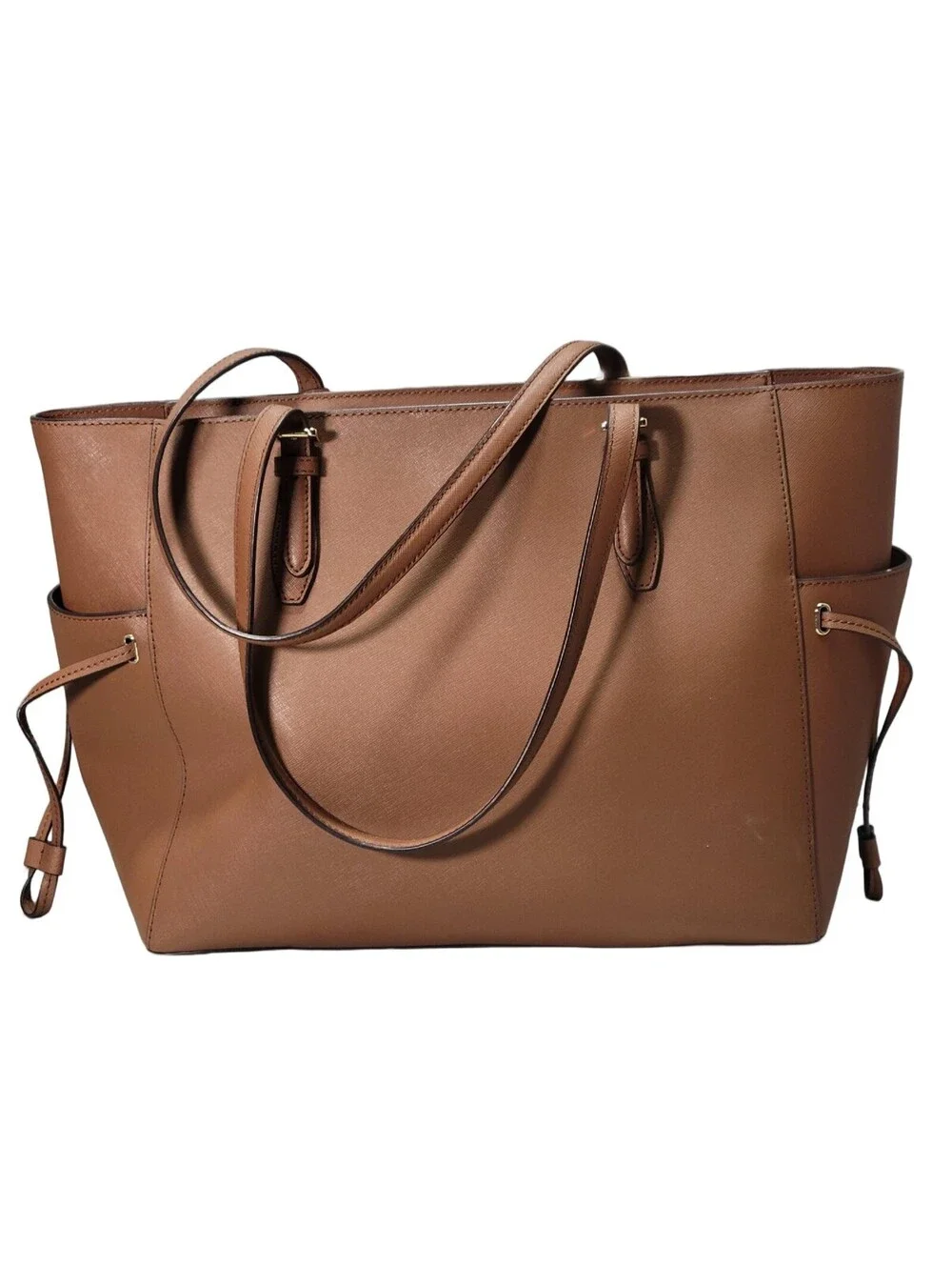 Michael Kors Brown Saffiano Medium Tote Zip Top Gold Hardware Charm Pockets